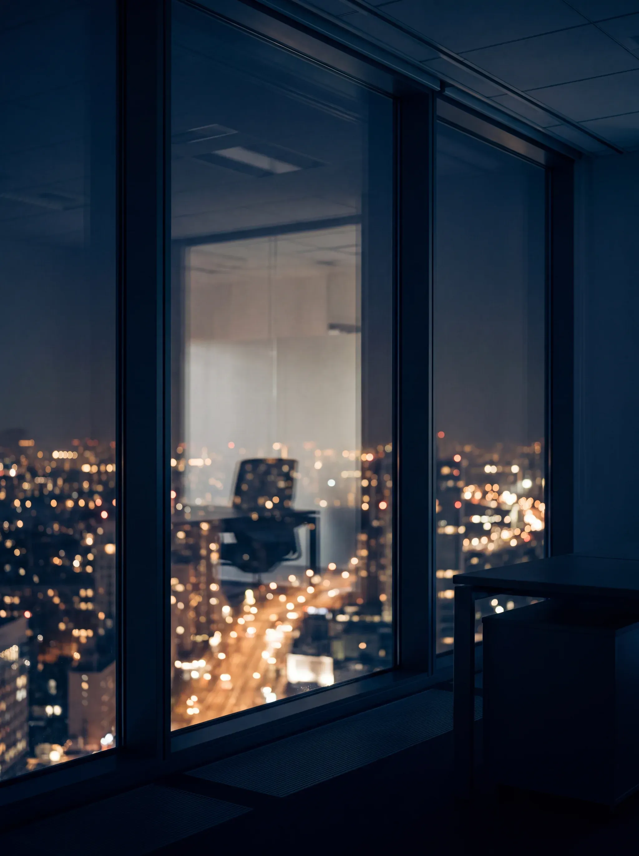 Ventanal de oficina en altura con la ciudad iluminada de noche