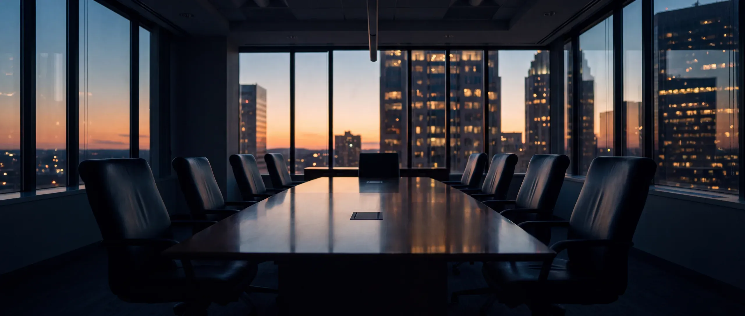 Sala de juntas ejecutiva al atardecer, en penumbra
