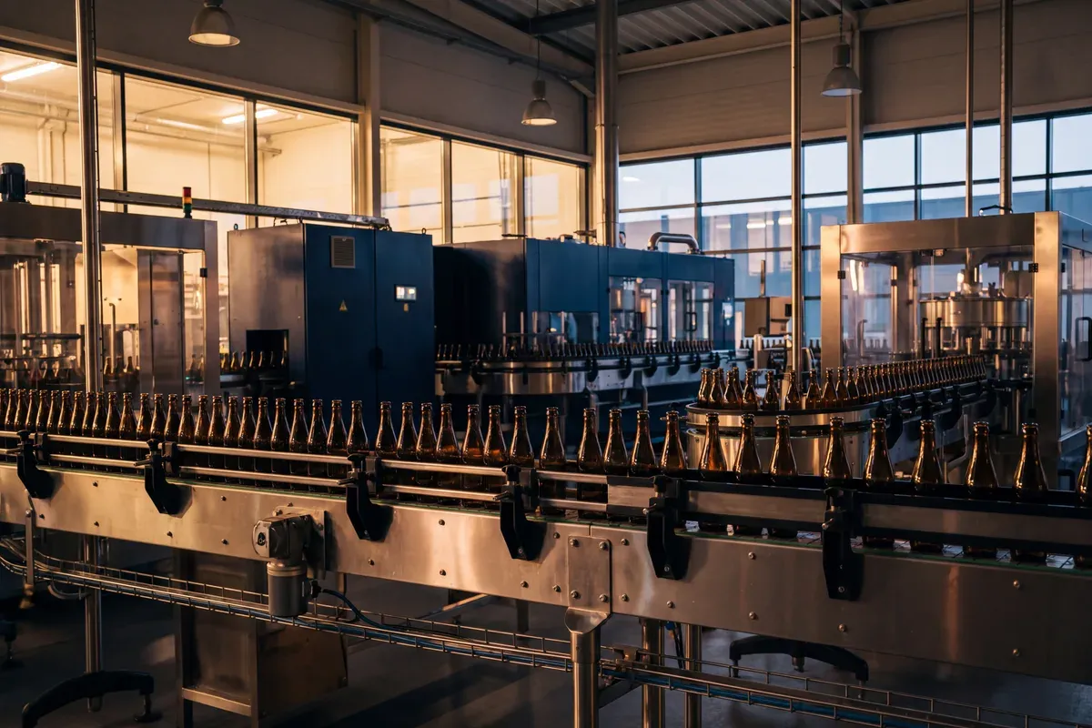 Línea de embotellado en una planta moderna, con luz de atardecer