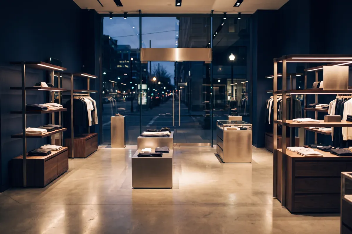 Interior de una tienda contemporánea vacía, con la calle al anochecer al fondo