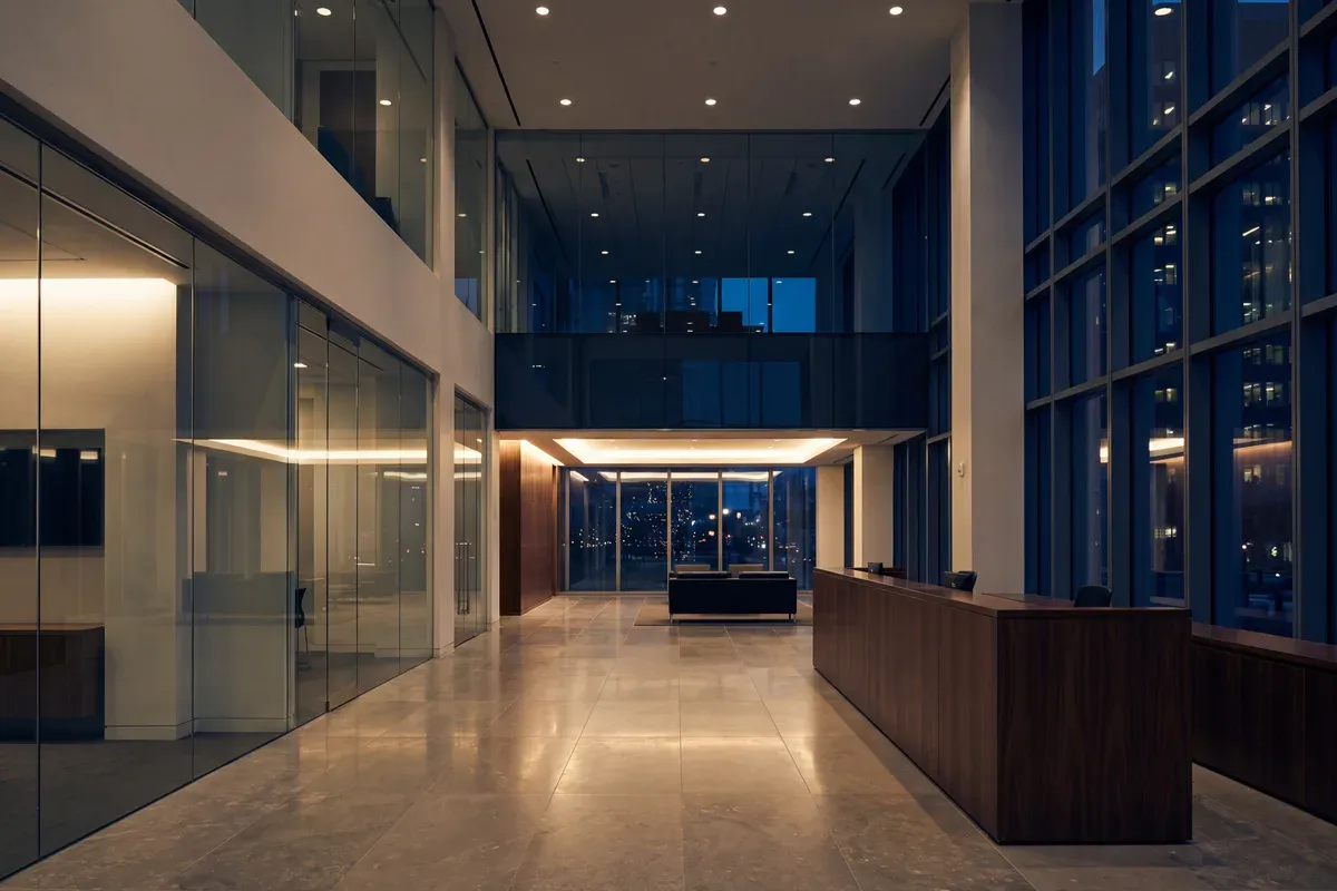 Vestíbulo corporativo de doble altura al anochecer