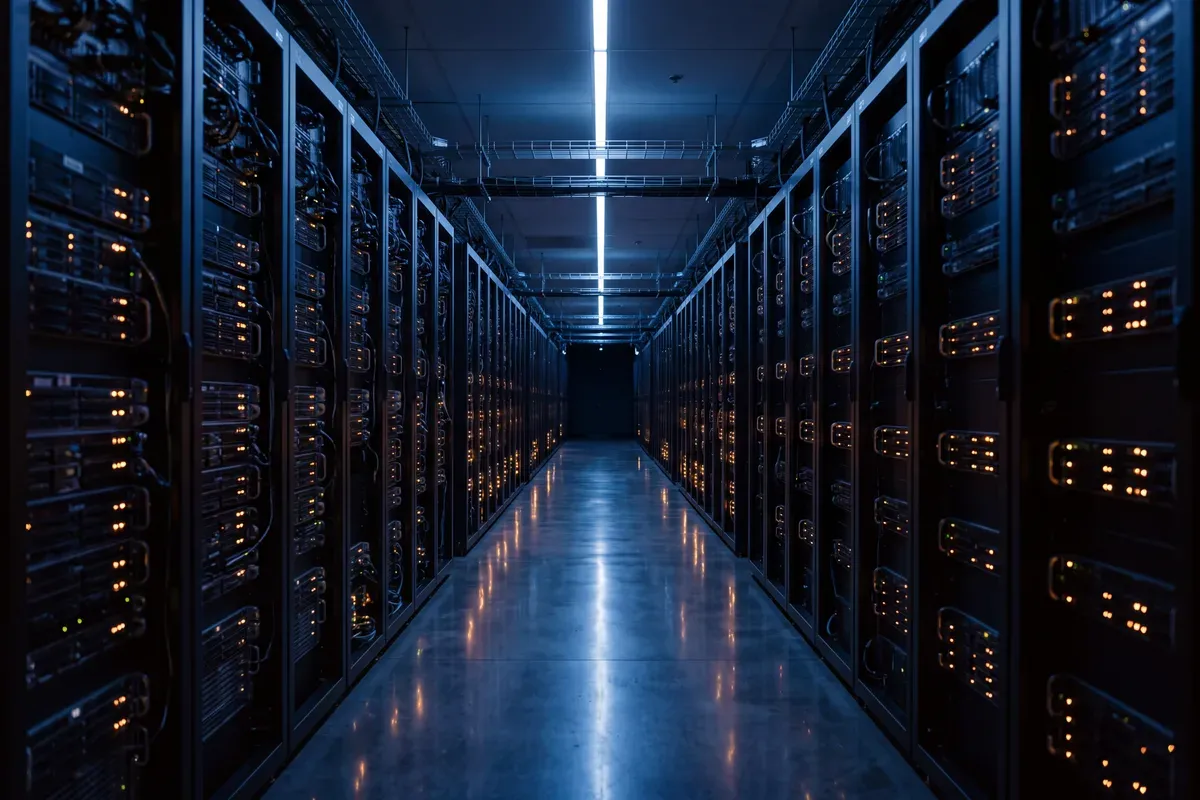 Pasillo de un centro de datos entre racks de servidores